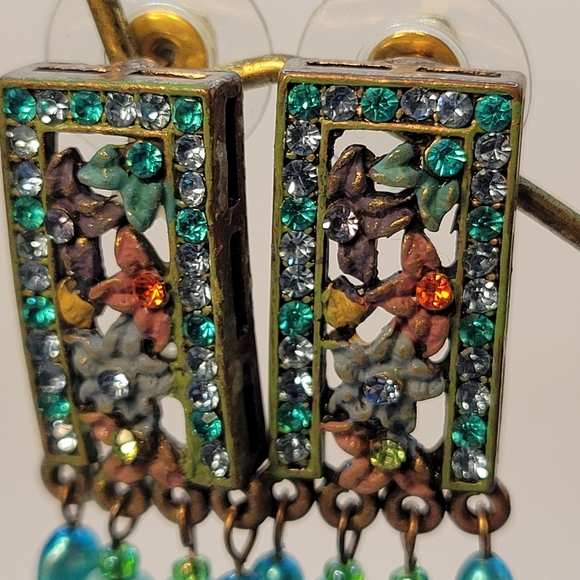 Blue and Lavender Crystal and Beaded Flower Dangle  Earrings - Picture 12 of 16